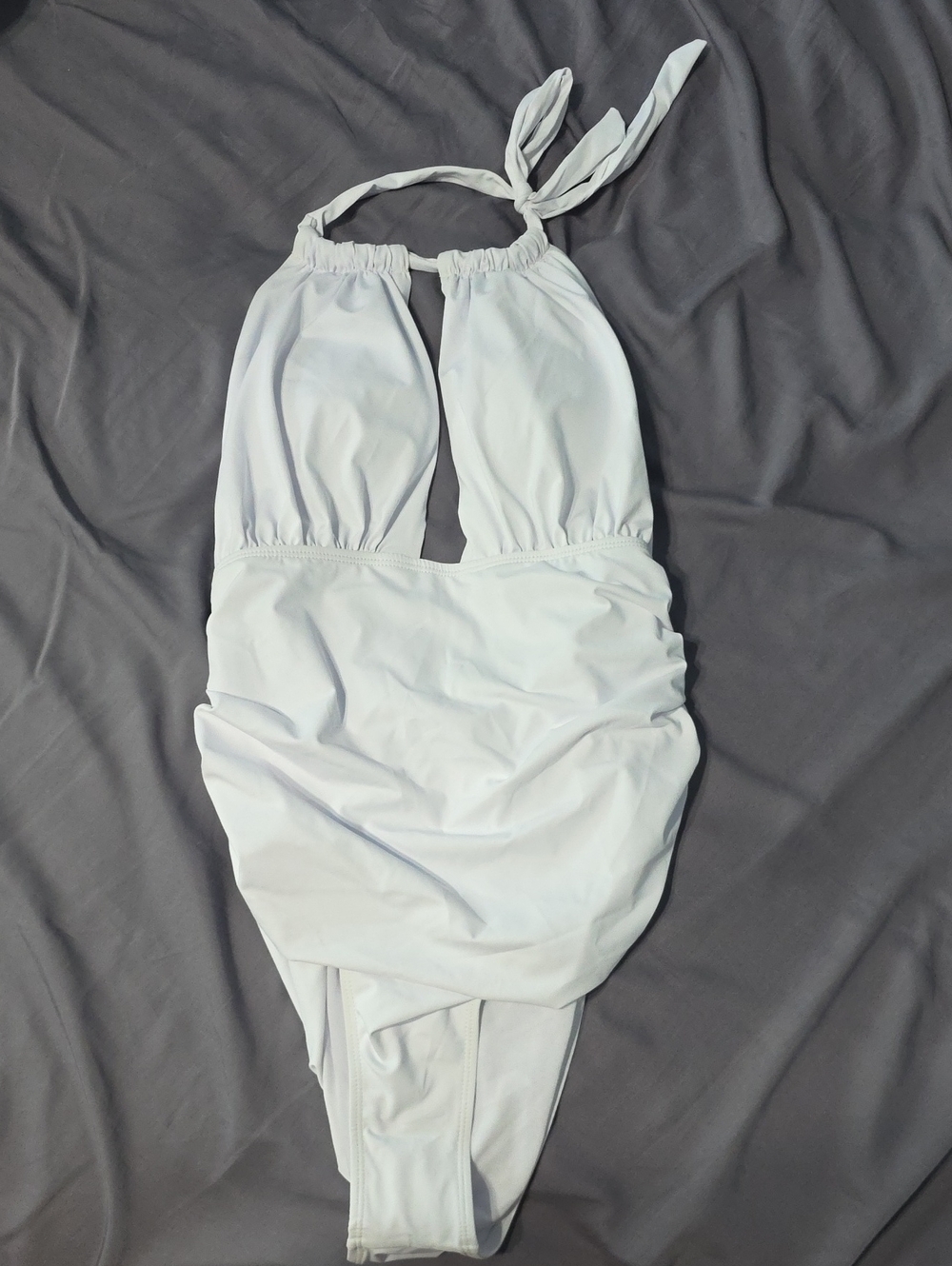 White Halter One-Piece Swimsuit with Ruched Front